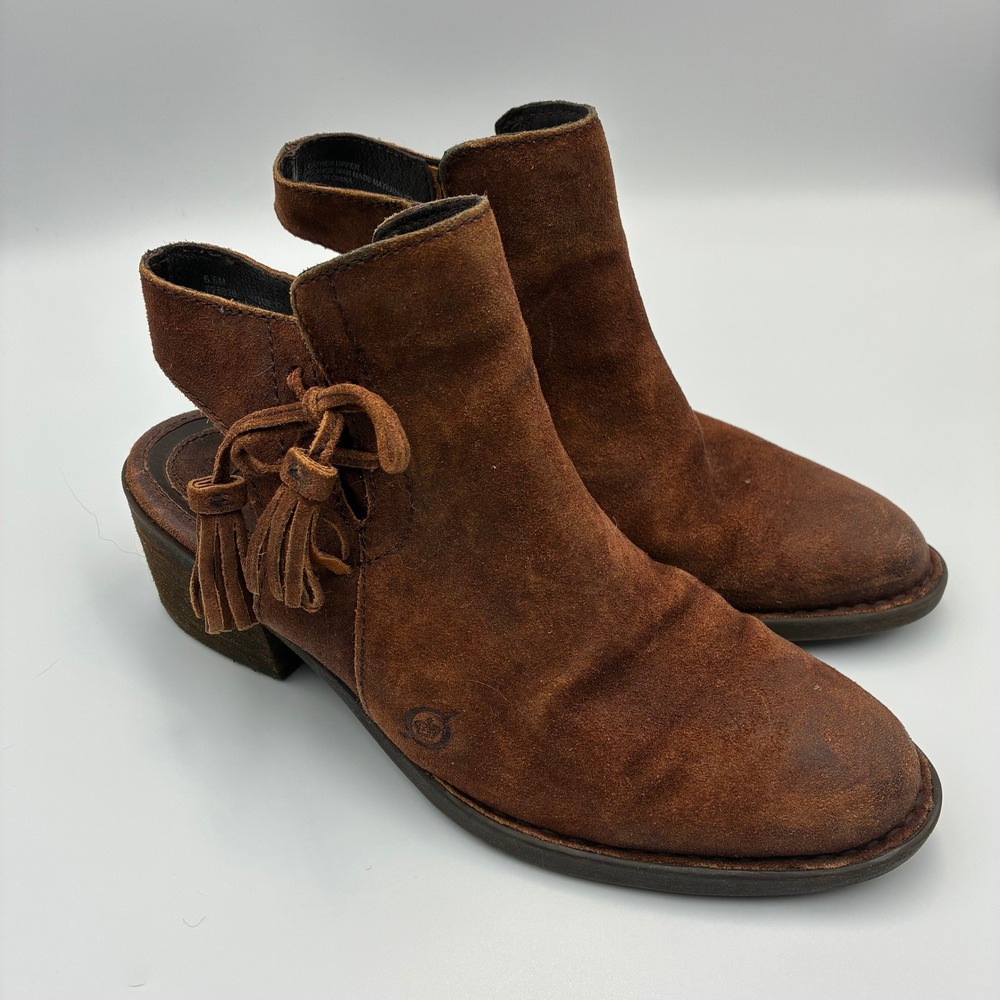 Born Monikah Brown Suede Slingback Tassel Ankle Boots Womens 6.5M